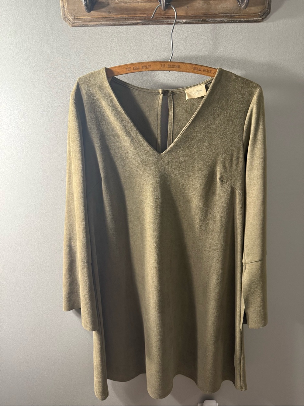 1.4.3. Story by Line Up Olive V-Neck Faux Suede Bell Sleeve Mini Dress
